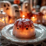 Gelatina de fantasmas de Halloween servida en una mesa decorada con temática oscura