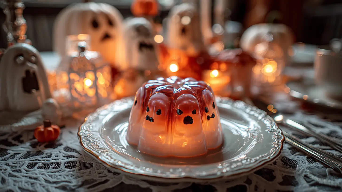 Gelatina de fantasmas de Halloween servida en una mesa decorada con temática oscura