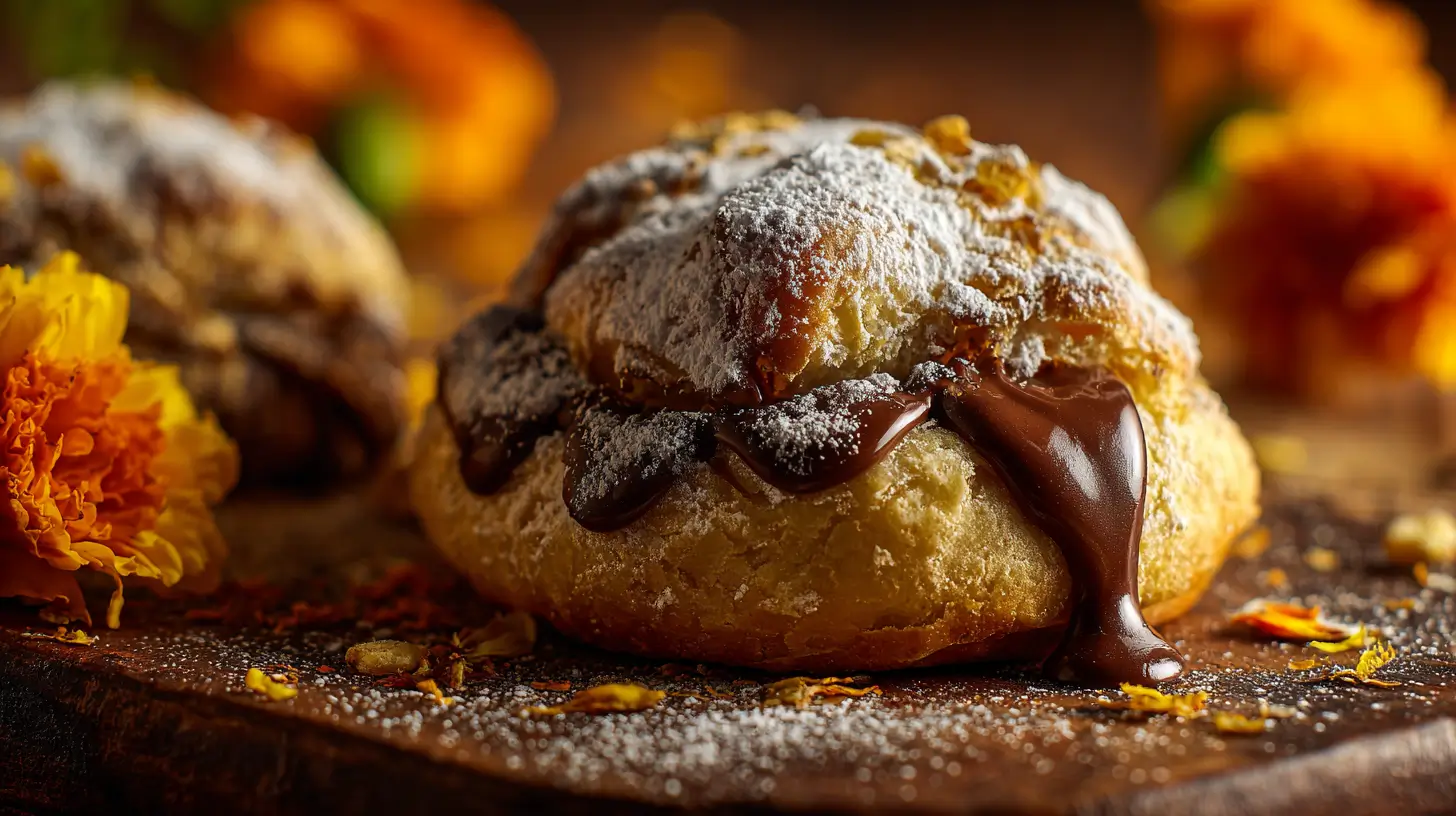 mini pan de muerto relleno estilo gourmet con relleno de chocolate y azúcar glas