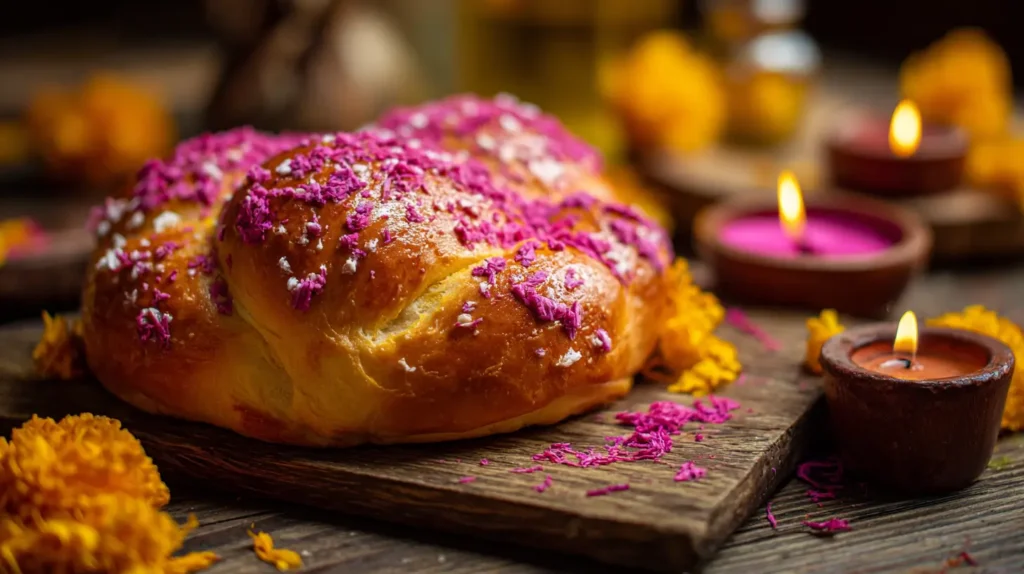 pan de muerto rosa recién horneado en mesa tradicional mexicana
