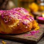 pan de muerto rosa recién horneado en mesa tradicional mexicana