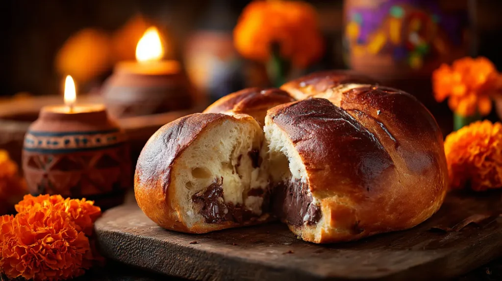 Pan de muerto relleno de chocolate casero con relleno cremoso y flores de cempasúchil
