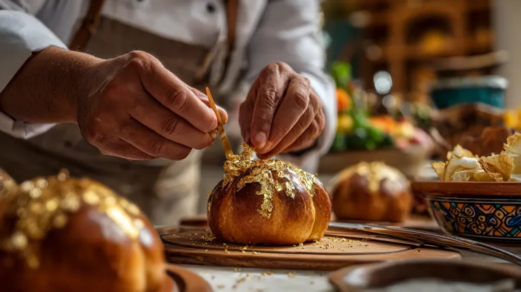 mini pan de muerto relleno estilo gourmet presentado en plato negro con pétalos de cempasúchil