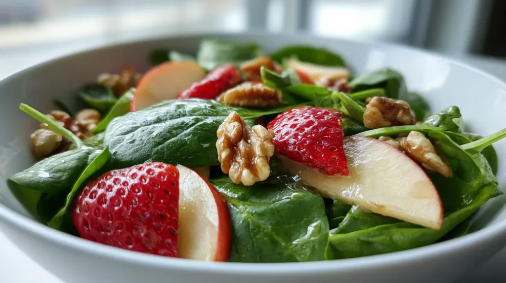 Ensalada de espinaca cruda y frutas con manzana y fresa