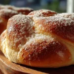 Pan de muerto con relleno de nata o cajeta recién horneado