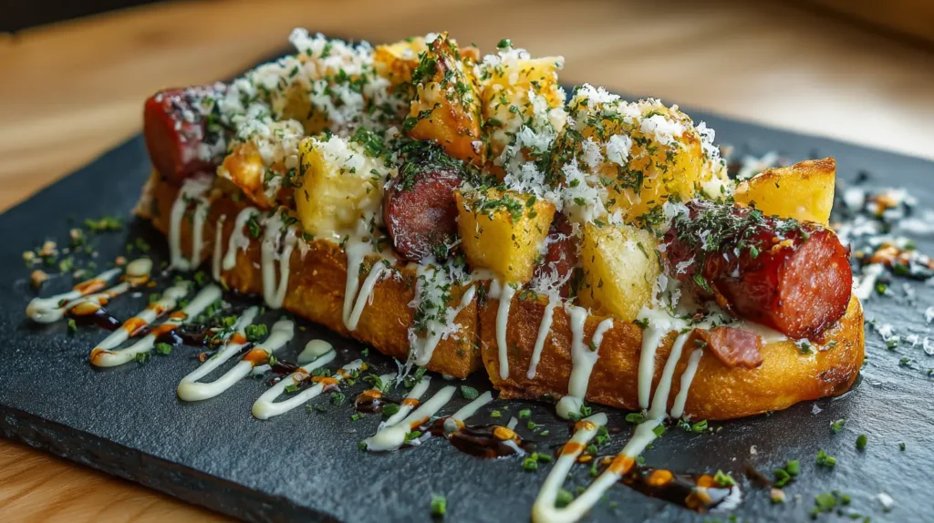 salchipapa gourmet con papas artesanales y salsas caseras