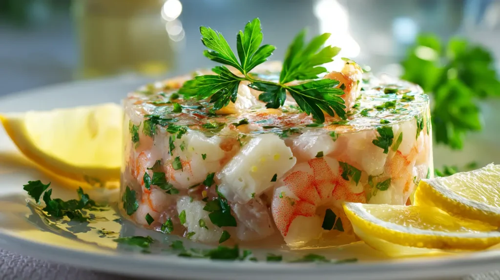 Gelatina salada con mariscos o pescado servida en plato gourmet