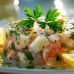 Gelatina salada con mariscos o pescado servida en plato gourmet