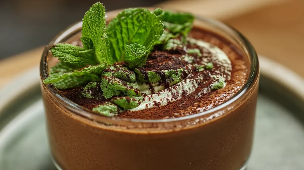 Presentación del mousse de queso cottage proteico con menta y cacao