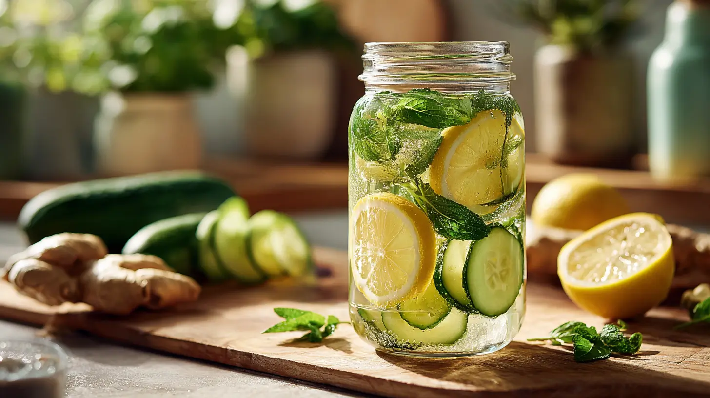 Agua detox de jengibre con pepino y menta