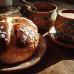pan de muerto con café o chocolate sobre mesa tradicional mexicana