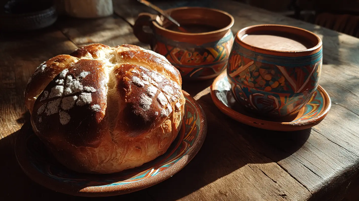 pan de muerto con café o chocolate sobre mesa tradicional mexicana