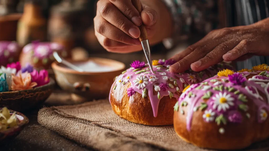Decoraciones caseras para pan de muerto con glaseado rosa.