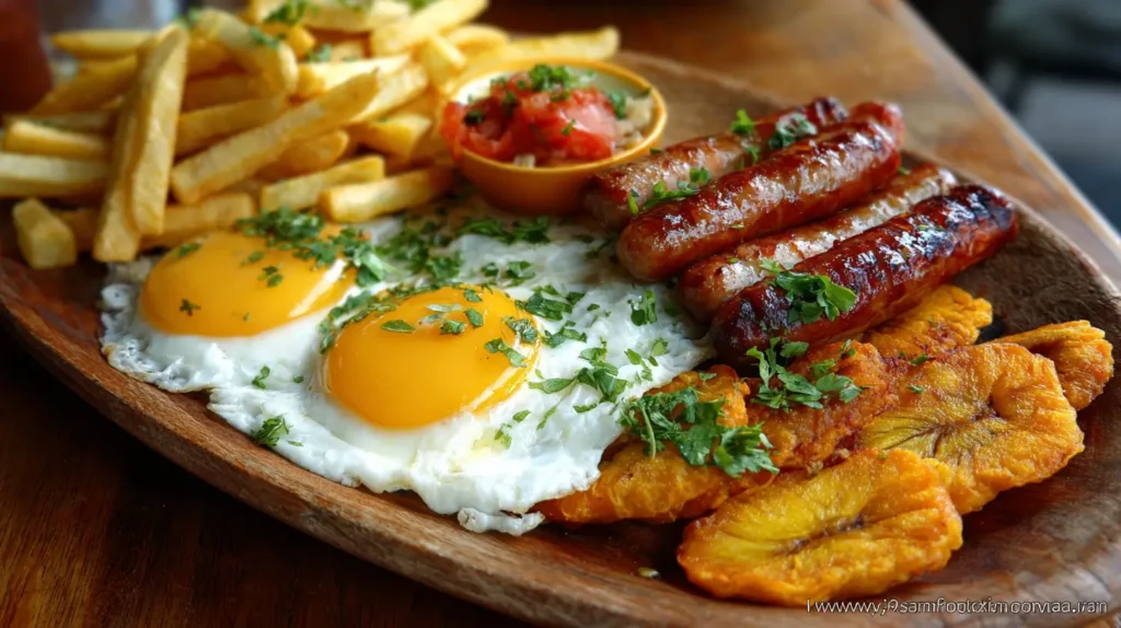 Variantes de salchipapa a lo pobre estilo peruano con plátano y huevo frito.