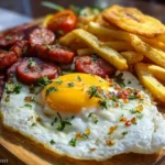 Salchipapa a lo pobre receta casera servida con papas doradas y huevo frito