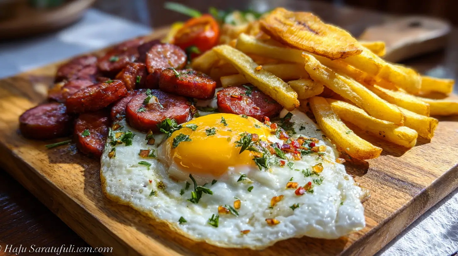 Salchipapa a lo pobre receta casera servida con papas doradas y huevo frito