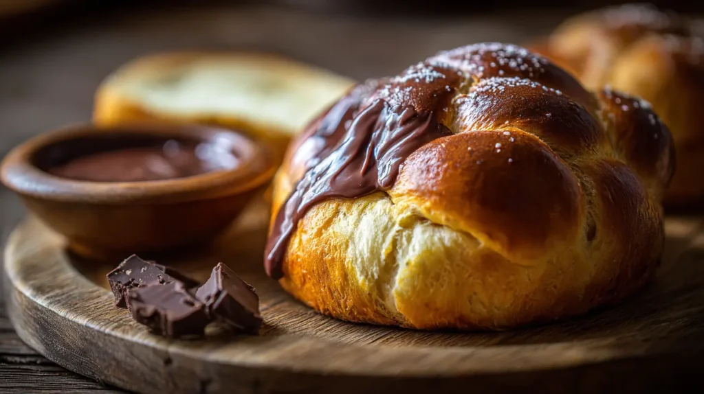 Pan de muerto relleno de chocolate recién horneado con relleno fundente