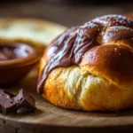 Pan de muerto relleno de chocolate recién horneado con relleno fundente
