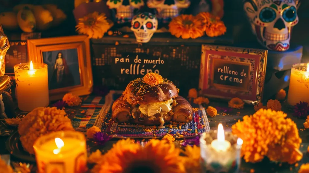Pan de muerto relleno de crema pastelera en altar de Día de Muertos