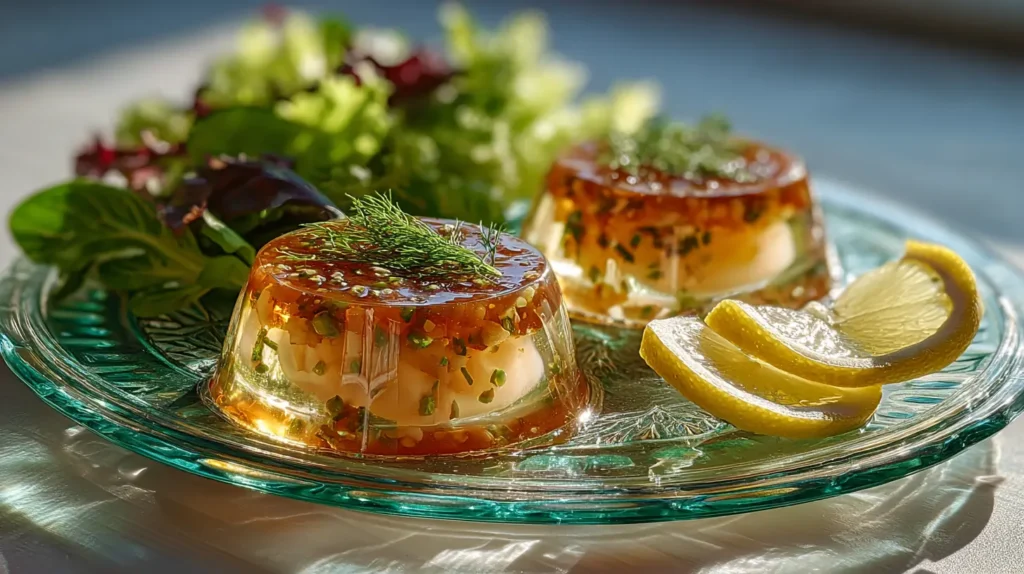 Presentación gourmet de gelatina salada con mariscos