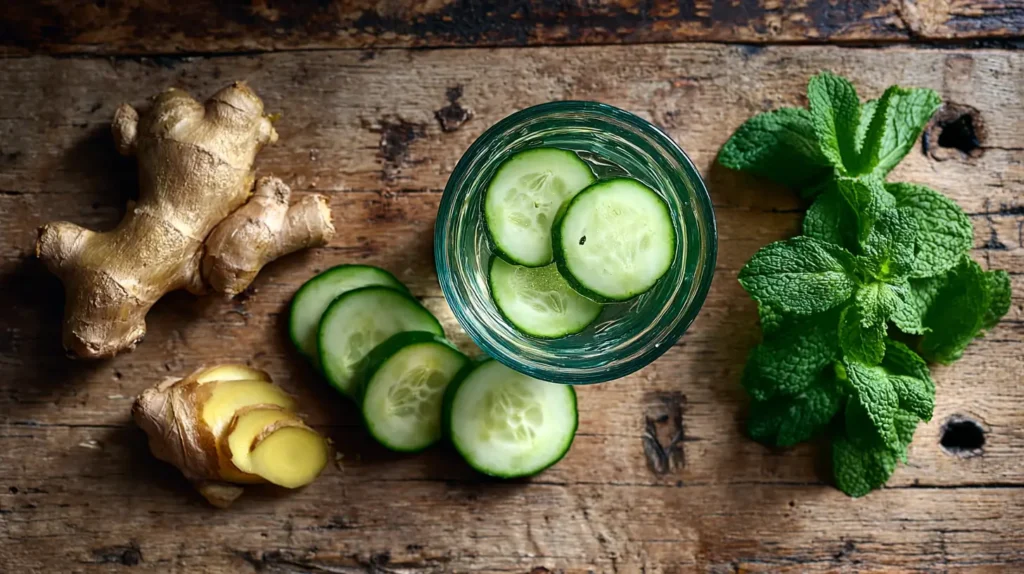 Ingredientes naturales del agua detox de jengibre