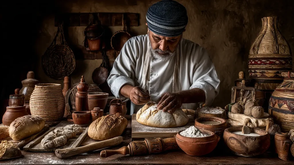 Panadero rellenando pan de muerto moderno con nata y cajeta