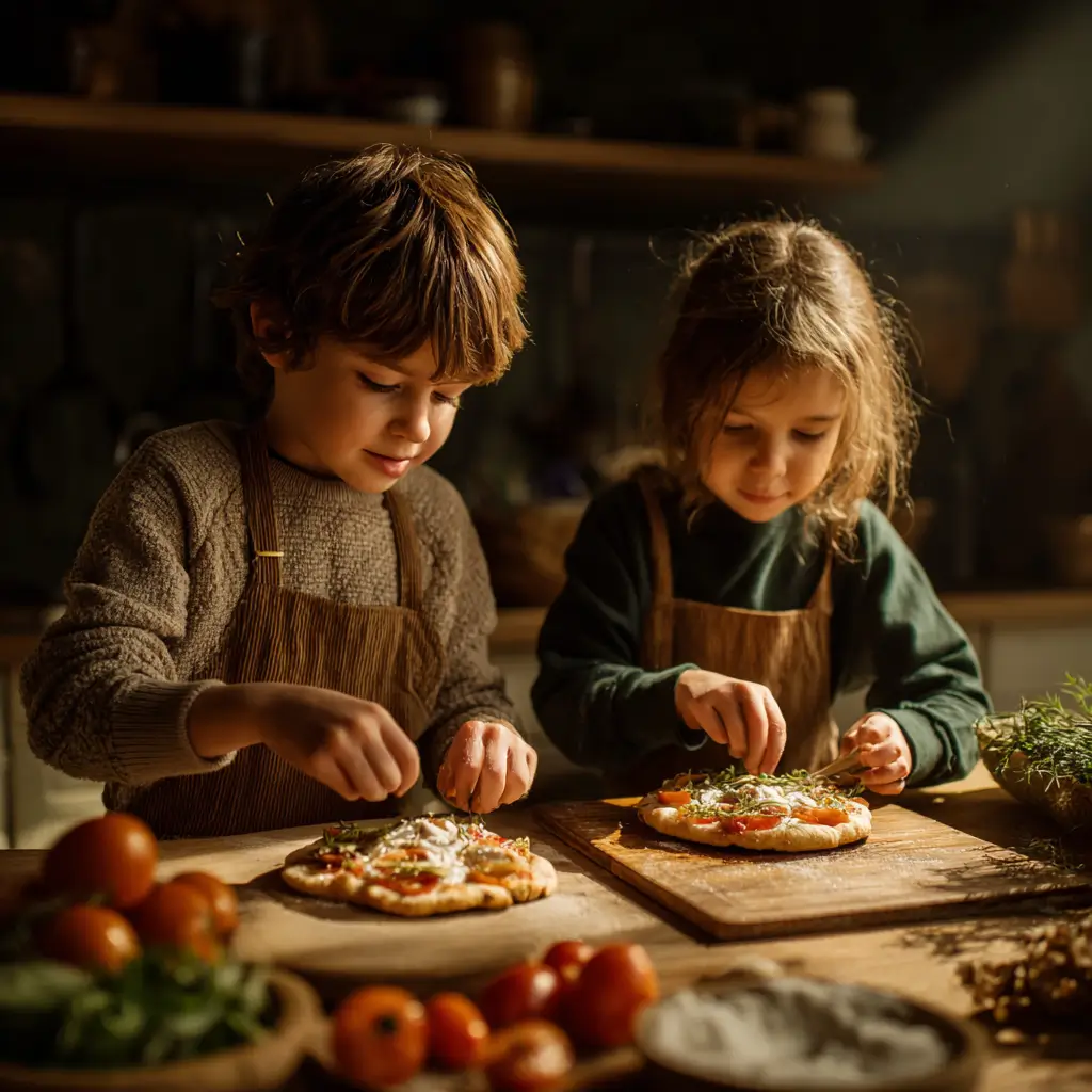 Niños preparando recetas saludables para la familia