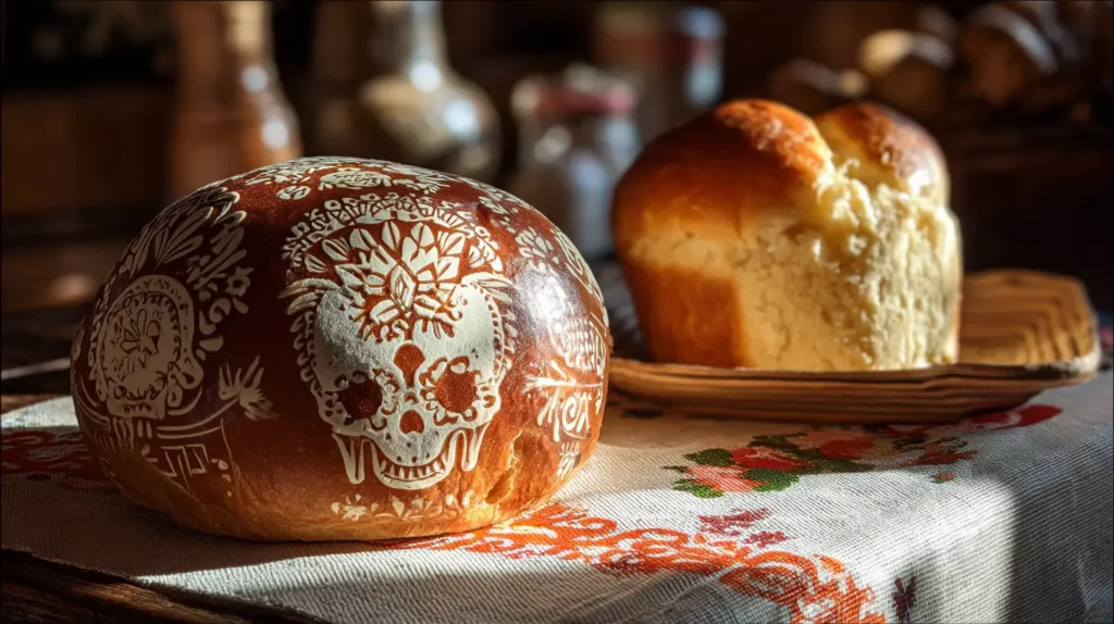 Pan de muerto tradicional vs relleno moderno sobre mesa mexicana
