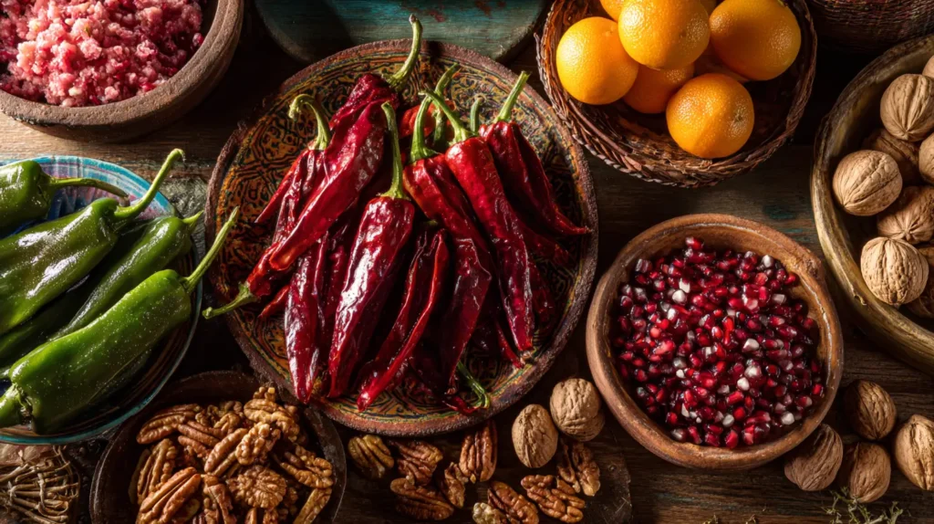 ingredientes para receta chiles en nogada tradicional con nuez, frutas y chile poblano