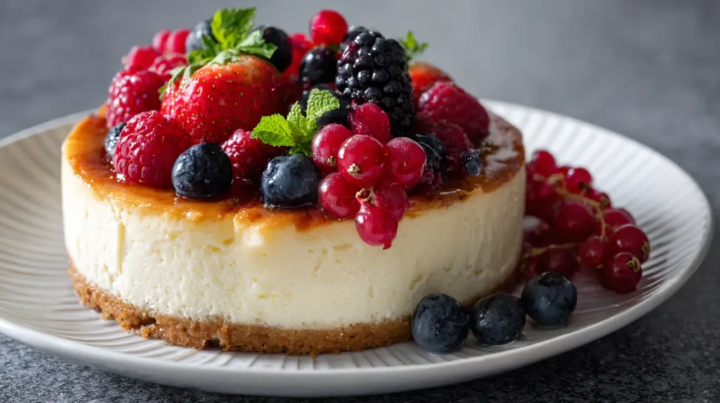 cheesecake proteico sin azúcar añadido con frutos rojos