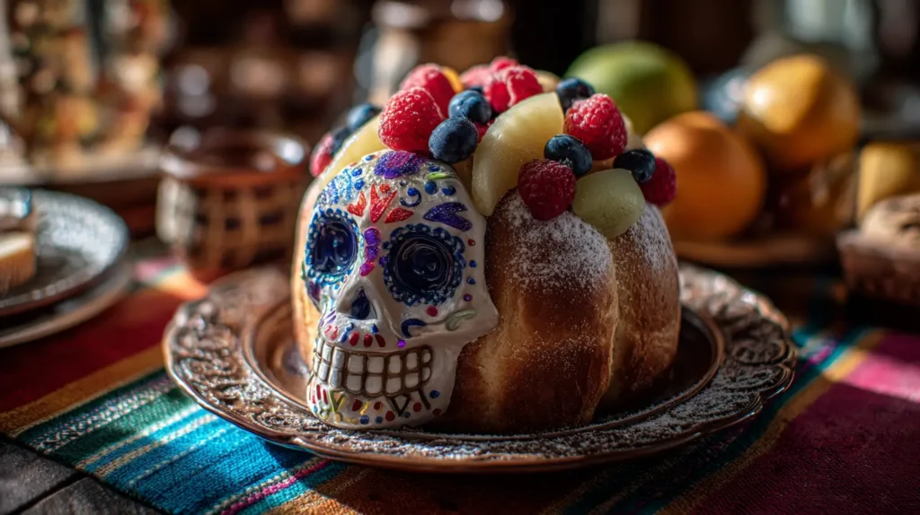 pan de muerto relleno con frutas y azúcar glas