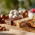 snacks dulces proteicos saludables sobre mesa de cocina moderna