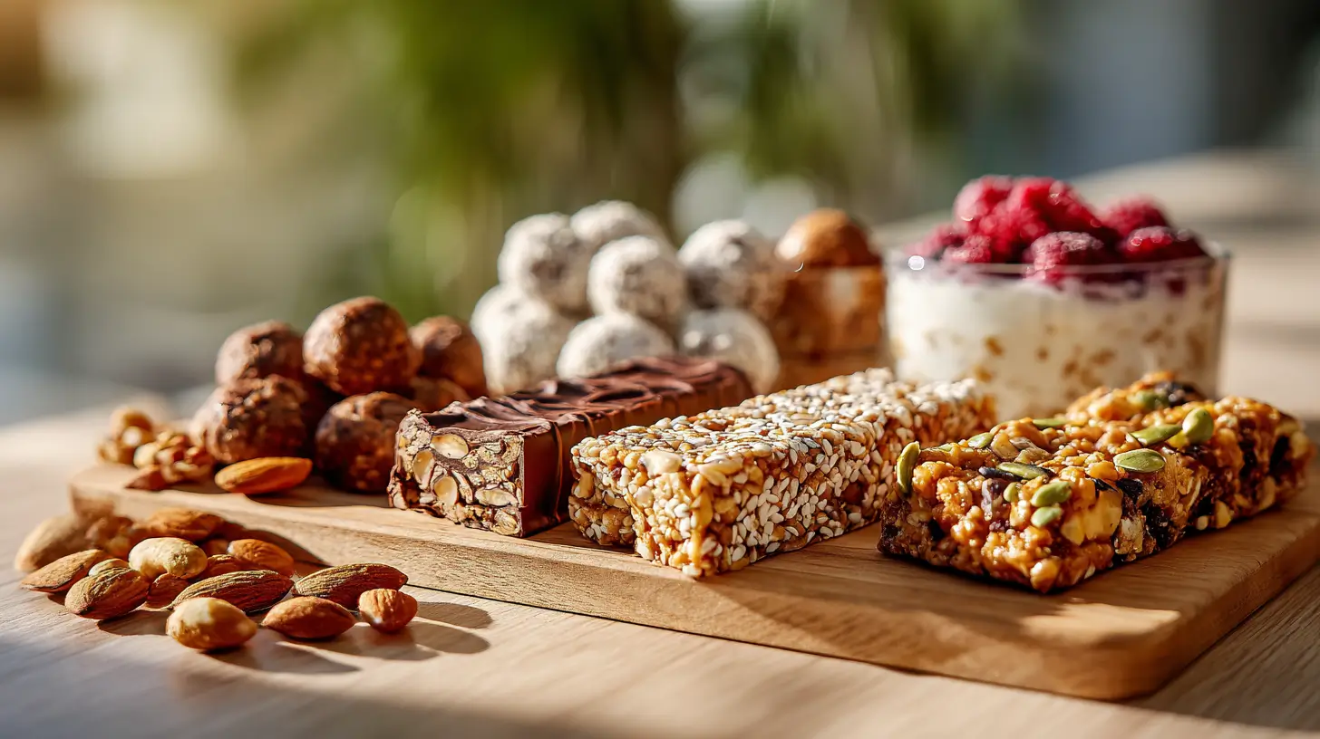 snacks dulces proteicos saludables sobre mesa de cocina moderna