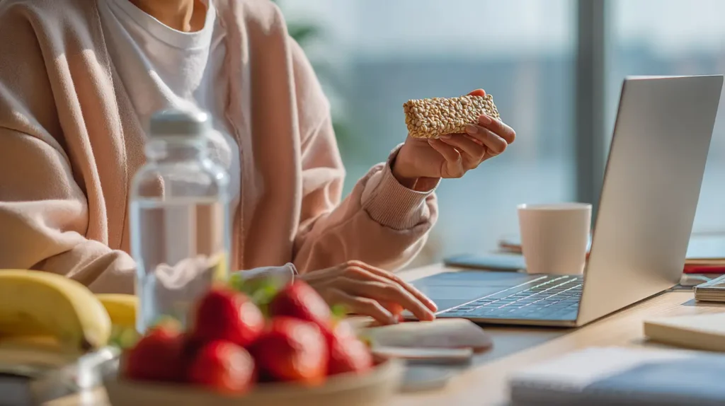 persona disfrutando snacks dulces proteicos saludables durante el trabajo