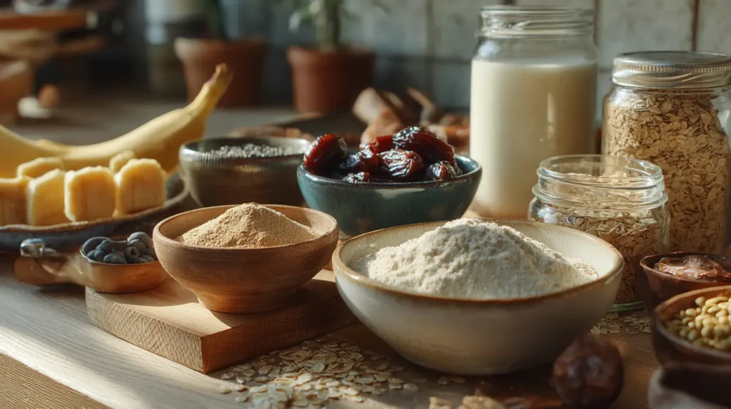 ingredientes naturales para snacks dulces proteicos saludables en mesa de cocina