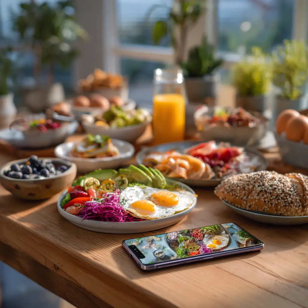 Recetas saludables para la familia servidas en mesa colorida