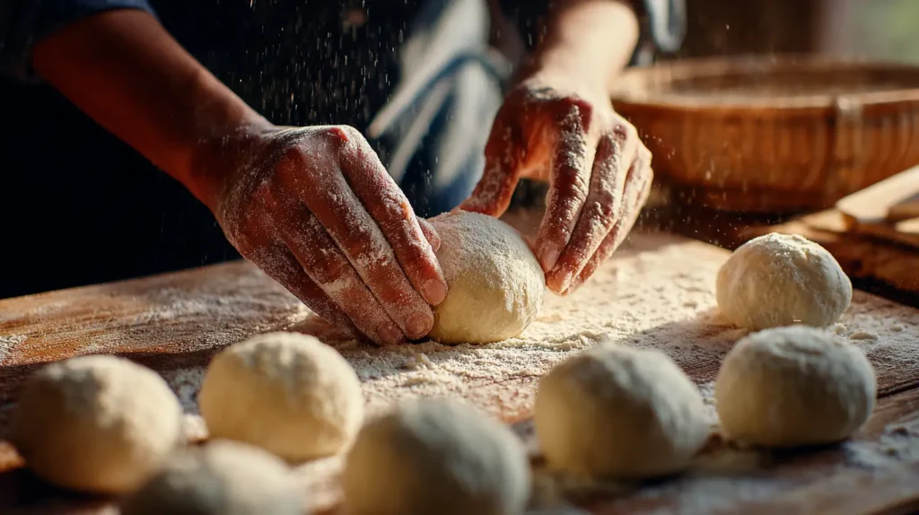 panadero formando mini pan de muerto relleno estilo gourmet sobre superficie enharinada