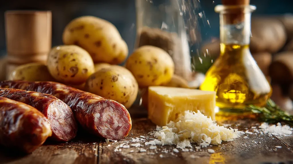 ingredientes para salchipapa gourmet con papas frescas y salchichas artesanales