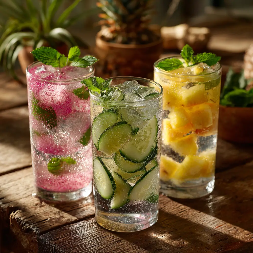 Variaciones del refresco de pepino con sal rosa con frutas y hierbas