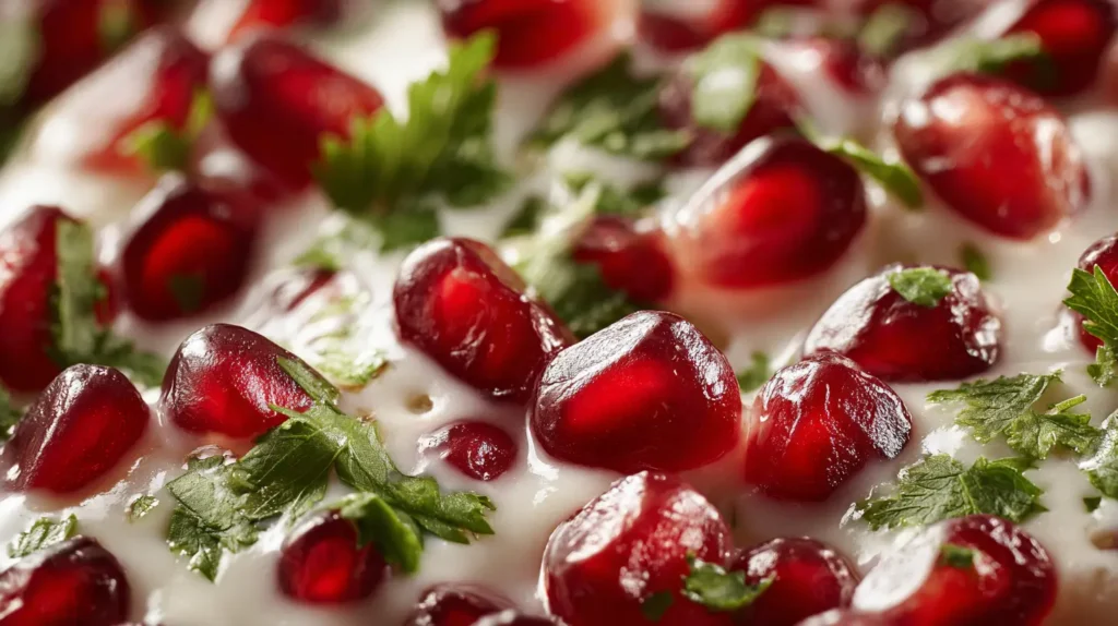 pomegranate seeds on chiles en nogada
