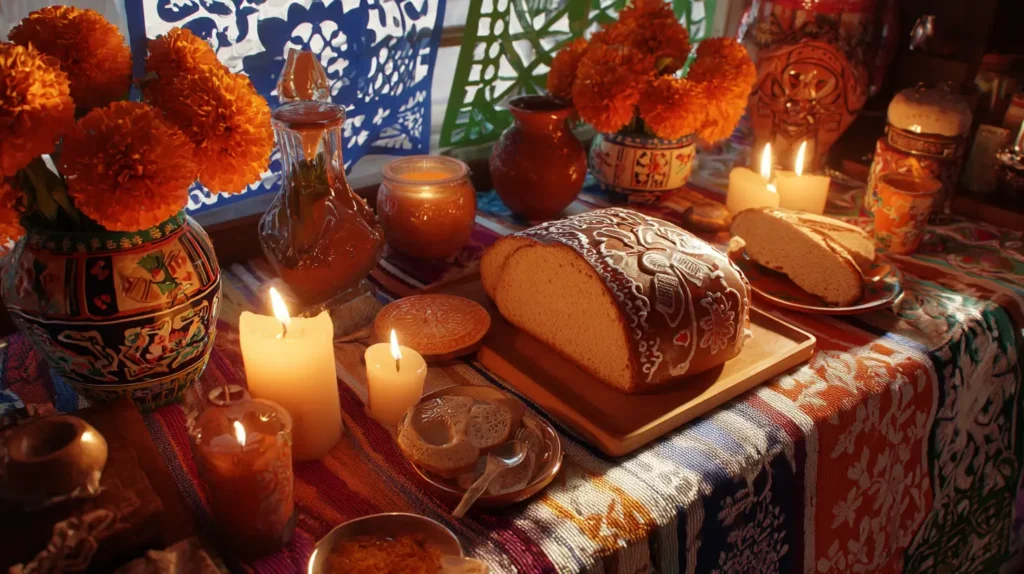 Presentación y decoraciones creativas para pan de muerto en ofrenda.