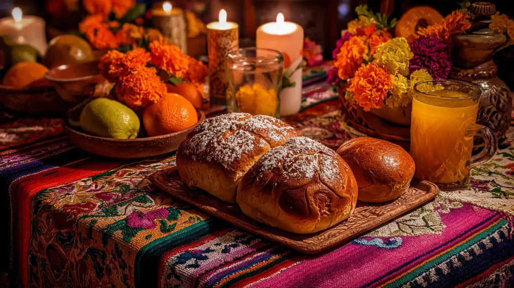presentación de pan de muerto relleno con frutas y azúcar glas