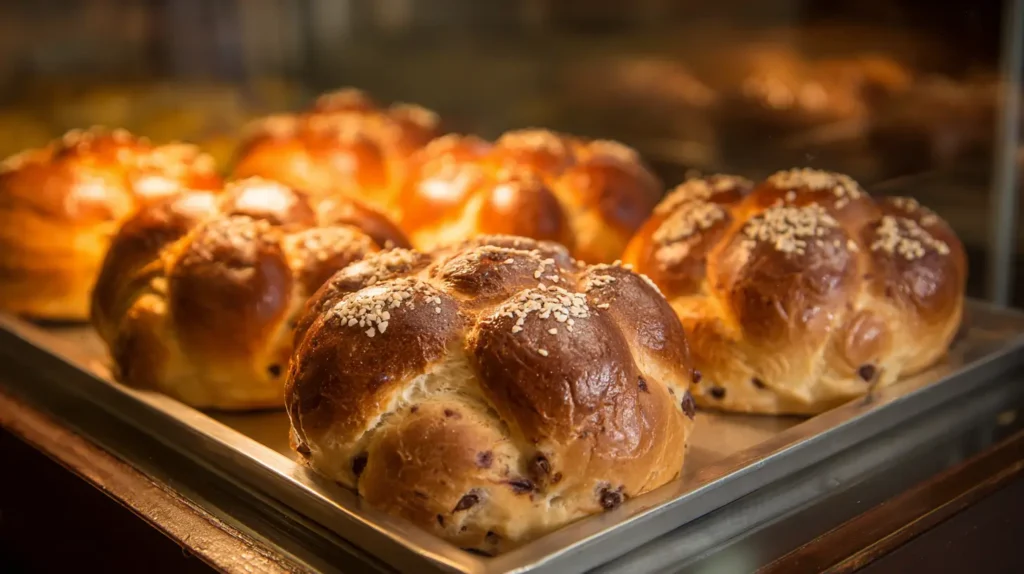 Pan de muerto relleno moderno en panadería mexicana