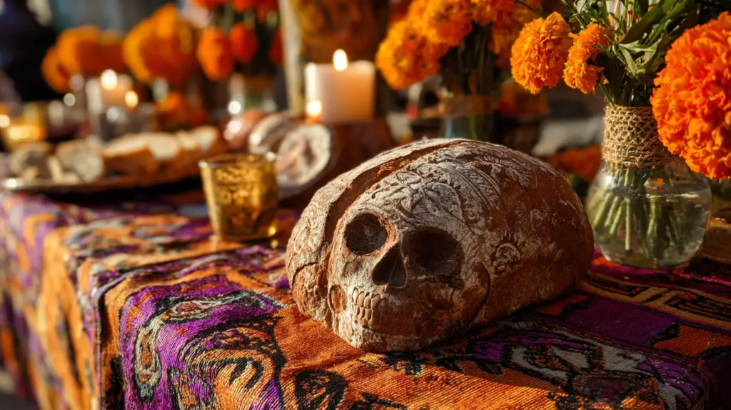 pan de muerto de Mitla Oaxaca sobre altar decorado con flores de cempasúchil