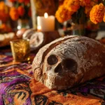 pan de muerto de Mitla Oaxaca sobre altar decorado con flores de cempasúchil