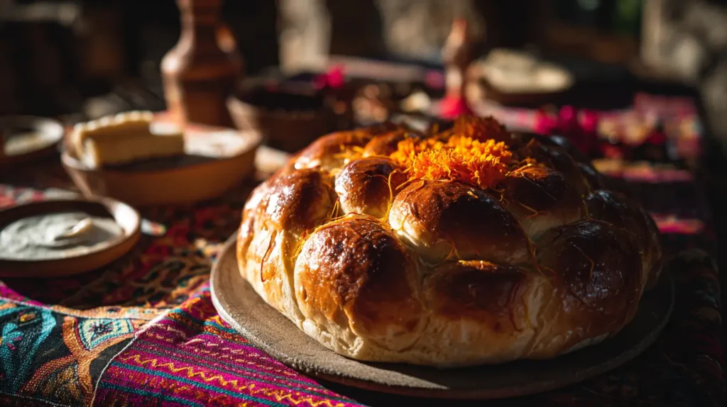pan de muerto de Mitla Oaxaca relleno con crema de mezcal y flores de cempasúchil