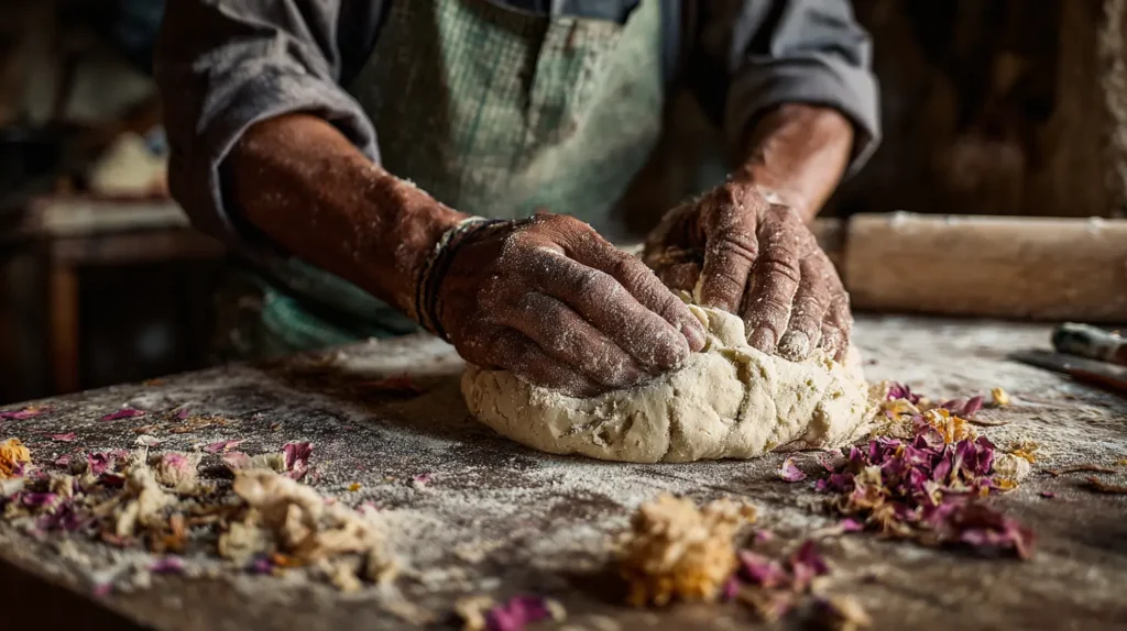 manos amasando pan de muerto de Mitla Oaxaca con anís y flores de cempasúchil