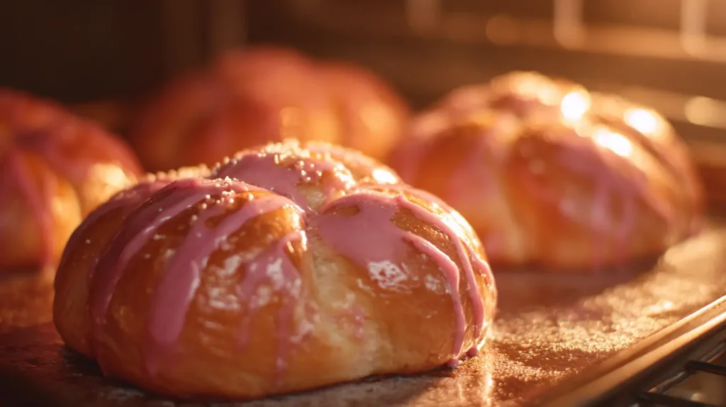 pan de muerto rosa horneándose con glaseado brillante