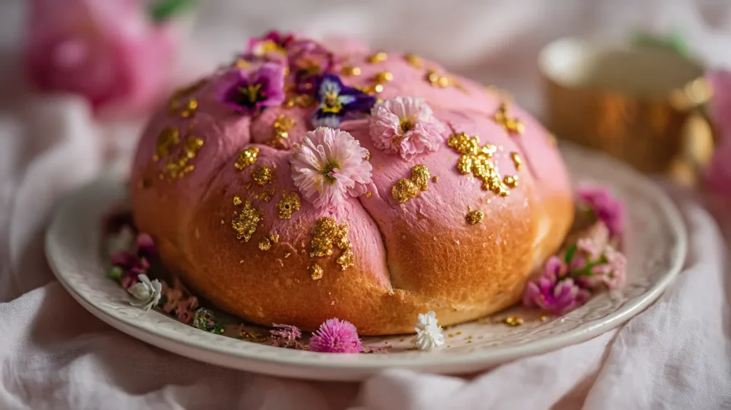 pan de muerto rosa decorado con flores comestibles