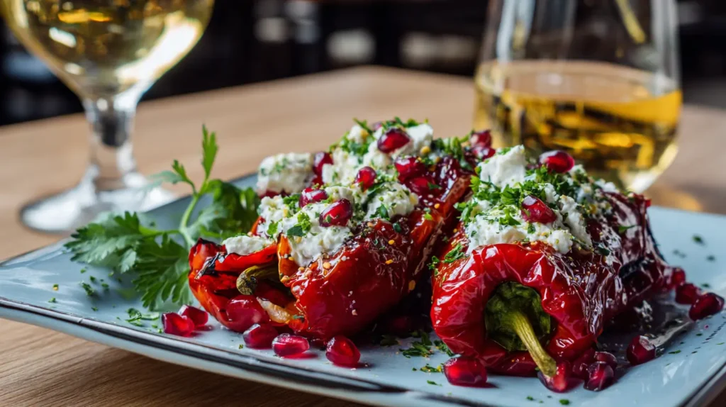 hPresentación de variaciones de chiles en nogada vegetarianas con granada
